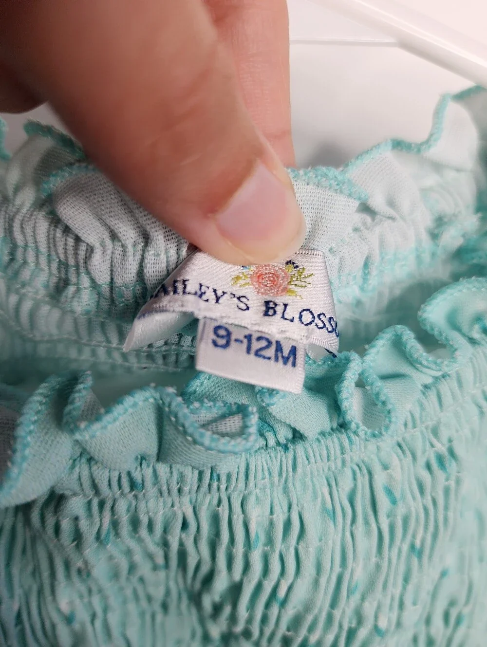 Smocked Puff Sleeve Baby Romper in Mint Green, Size 9-12m